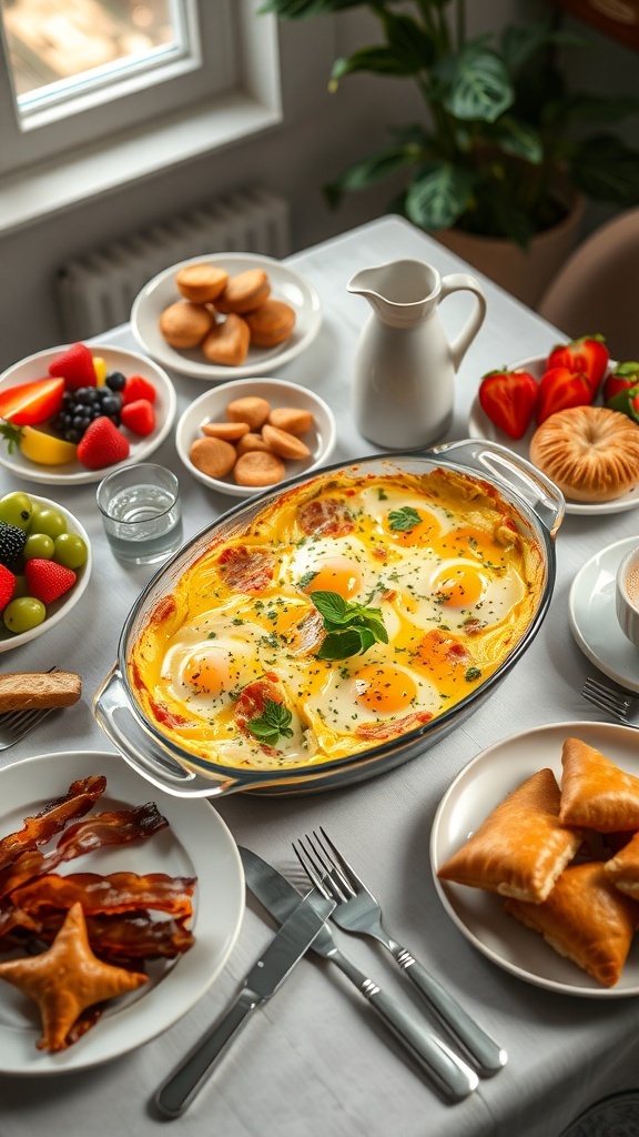 A cozy brunch setup with egg casserole, fresh fruit, bacon, and pastries on a table.